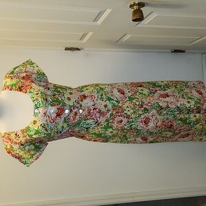 COLDWATER CREEK Colorful Floral Linen Tea Midi Dress size 8 Vintage